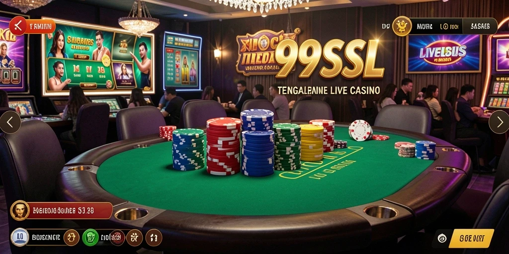 Screenshot gameplay 99SL menunjukkan dealer langsung dan interaksi pemain.