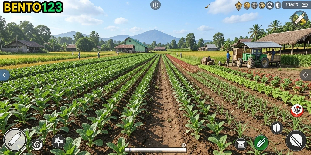Screenshot dari gameplay BENTO123 yang menunjukkan aktivitas pertanian yang seru.