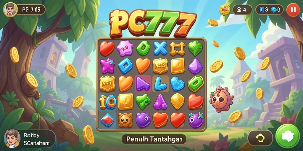 Screenshot menunjukkan gameplay seru dari PC777 dengan objek match-3 yang berwarna-warni.