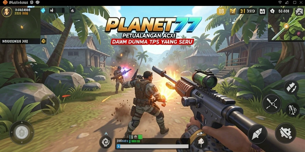 Tampilan gameplay seru dalam <strong>PLANET77</strong> dengan aksi tempur yang menegangkan.