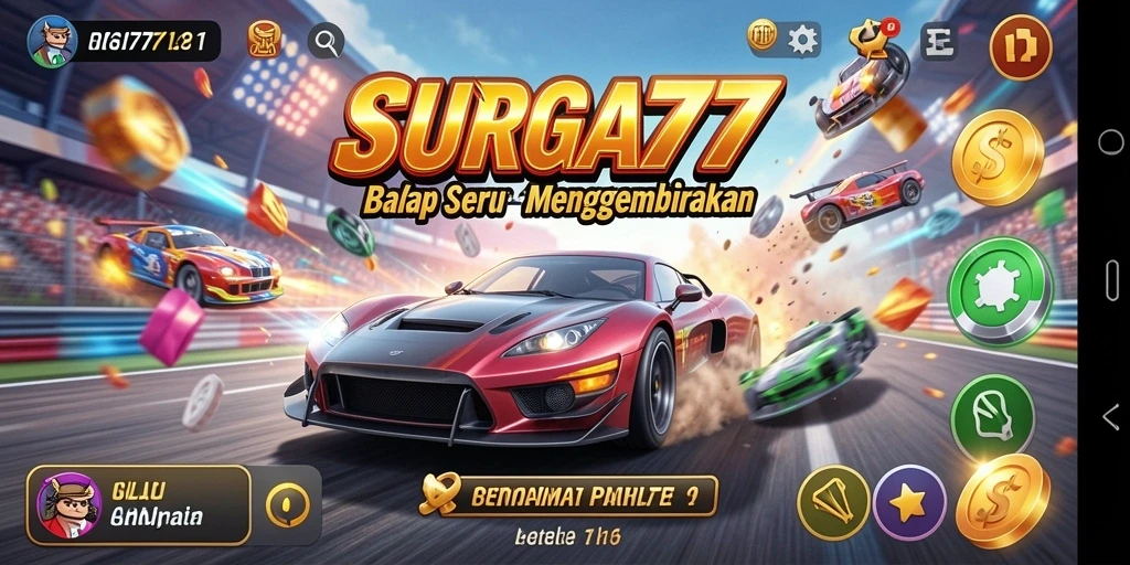 Tampilan utama gameplay SURGA77 dengan aksi balap seru.