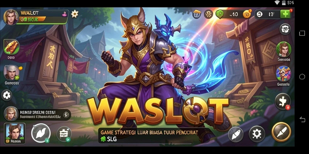 Tangkapan layar utama dari WASLOT menampilkan pertempuran epik dan strategi pembangunan kerajaan.