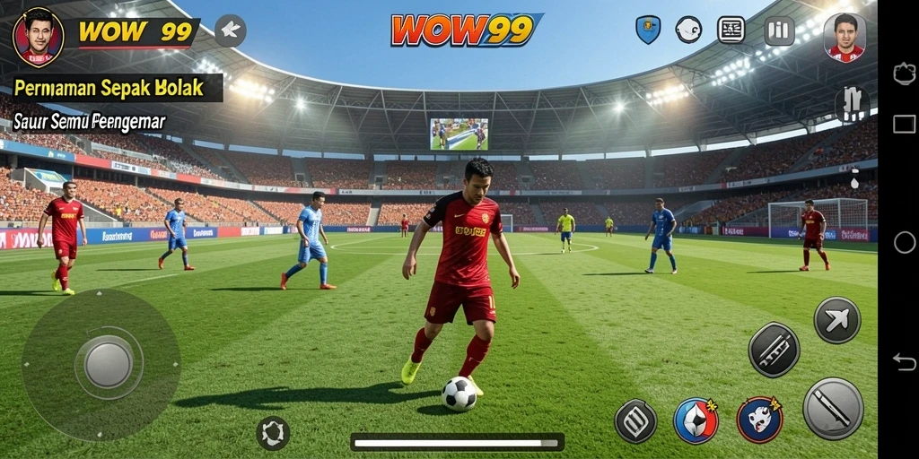 Tampilan gameplay WOW99 menampilkan aksi penuh ketegangan di lapangan sepak bola.